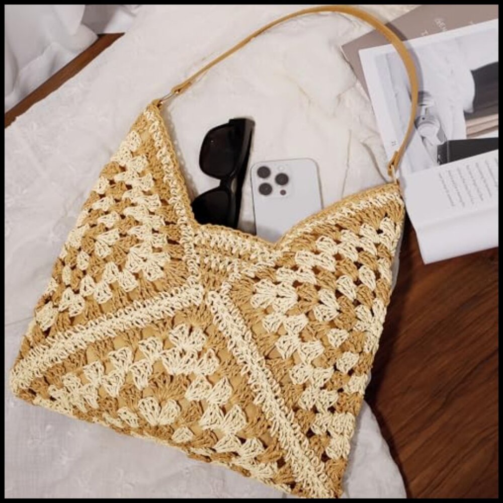 Natural Straw Tote Bag Handwoven Bohemian Casual Shoulder Bag Travel Essential - Picture 2 of 7